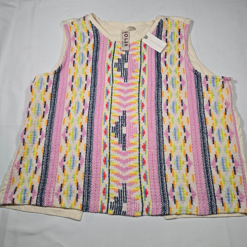 Dolan Anthropologie Embroidered Split Back Tank Top Pink Multi Medium NEW